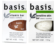 Basis Vitamin Bar Soap - Body Wash Bar Cleans and Softens with Vitamin C, E, and B5 - 4 oz. Bar & Basis Sensitive Skin Cleansing Bar - 4 oz